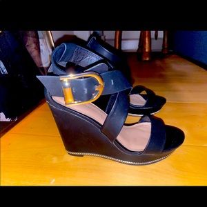 New BCBG black leather wedges with silver studs on bottom & gold buckle